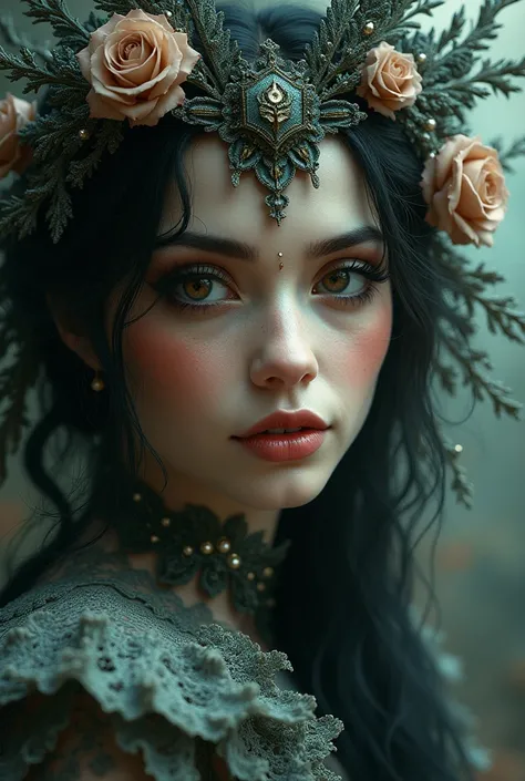 A mesmerizing portrait of a woman with dramatic makeup and a playful wink, surrounded by whimsical fairy tale elements and fractal designs.