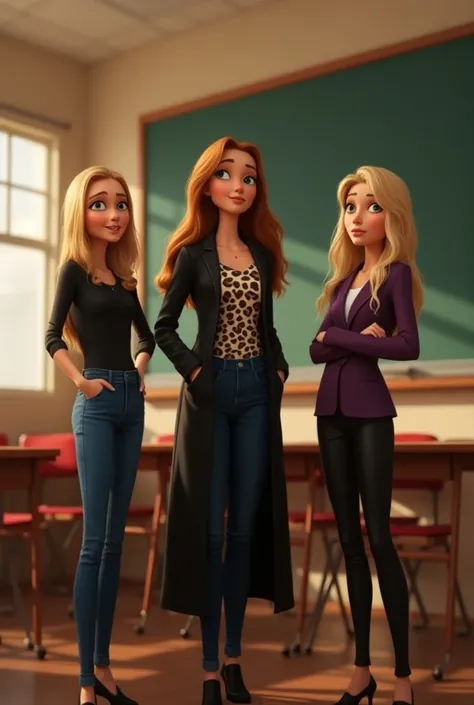 3 femmes style pixar dans une salle de classe une aux longs cheveux blonds petite aux formes developpés habillée en longue robe noire aux manches longues et aux yeux verts, l’autre plus grande avec de belles formes aux hanches developpées aux cheveux bruns...