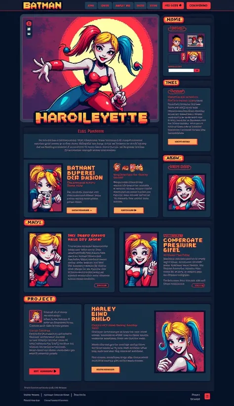 The webpage is a collage of pixelated graphics and text inspired by "Batman: The Animated Series". A large banner features a pixel-perfect Harley Quinn image. Pixelated elements create an energetic atmosphere.

Content is divided into sections using HTML t...