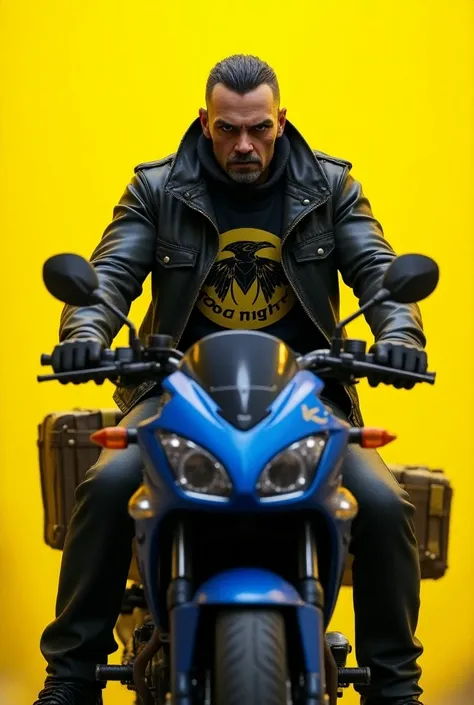  A dark anti hero , with a blue motorcycle , a yellow background with a raven logo on the chest and a delivery bag on the back,  in the image will say good night  