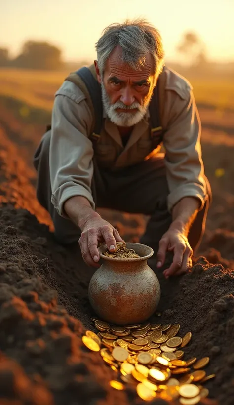 The farmer is digging into the soil, looking more intrigued. Emerging from the dirt, there’s a small, ancient-looking pot with some gold coins spilling out, glinting in the sunlight.