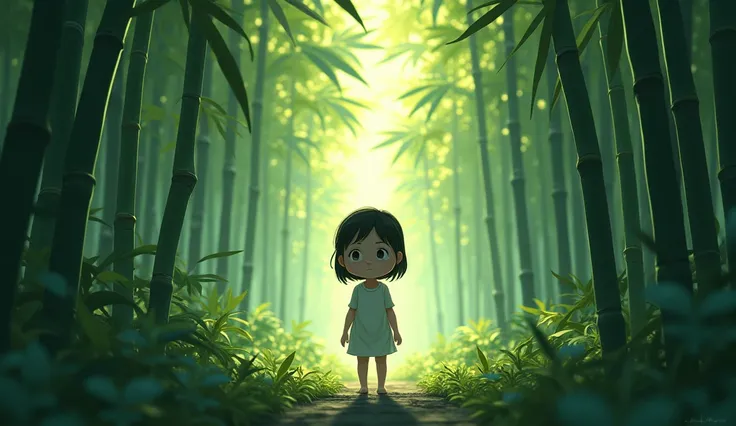 A lost little baby (Lily) standing alone in a dense bamboo forest, looking curious and uncertain. Surroundings: tall bamboo stalks, lush greenery, dappled sunlight. Wearing a short frock 