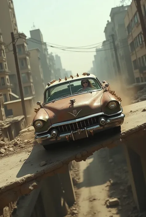 faithful image of an old rusty 1955 cadilac eldorado with spikes and spikes on the hood, military style with modifications, the car is racing on a street suspended over a destroyed white concrete overpass in the center of a post-apocalyptic city with many ...