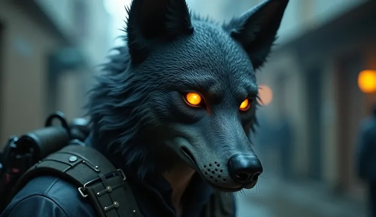 Imagine a young boy, maybe 19 years old, wearing a wolf mask. The mask is detailed, with pointed ears and glowing eyes that seem to observe everything around him. This boy Being bothered in your surroundings 