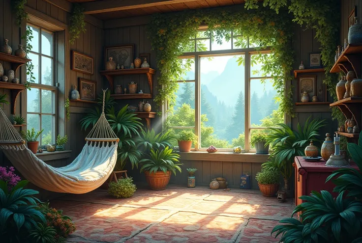 a spacious room with a hammock and several exotic plants and shelves with paranormal components, Empty.   I would like the art in a fantasy RPG style  . In the Old West