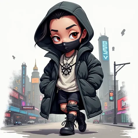 Create an image from a punk cartoon of a boy walking down the street pichada gothic style because the 3D design is a type of cyberpunk illustration more in tattooed caricature and white perfect face and all in 3D High quality 8K
with a long sleeve black co...