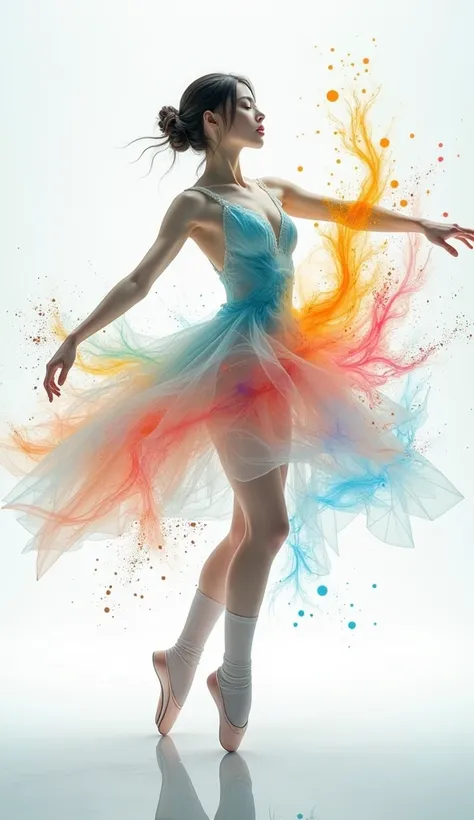  Beautiful Milky Glass Body、Cute and beautiful Japanese womans design 、The colorful paint from the atmosphere converges on women and converges into the shape of the costume、Ballet poses、Particles of light dancing while waiting 、White background