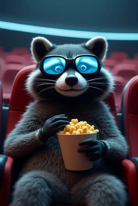 A huge raccoon ,  sitting in a movie chair, in a front angle , eating canchitas , with futuristic glasses 