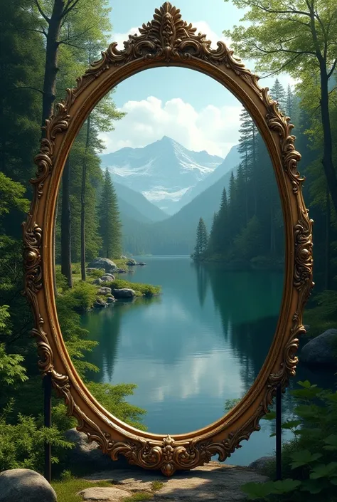 Un miroir avec des reflets de paysages naturels, symbolisant lintrospection.