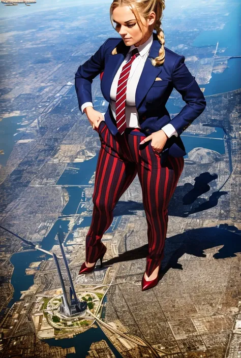 Highly detailed Giantess shot, Giantess,  blonde hair in a braided ponytail, women who are 100’s miles tall, feet dwarfing a skyscraper, big breasts, navy blue trouser suit and form fitting crisp white shirt, thick and wide red striped tie, windsor knot, h...