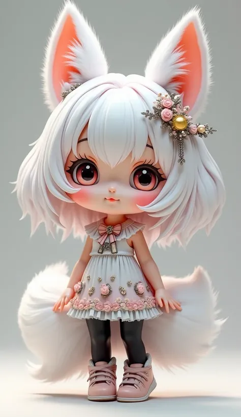  photoreal、Chibi Girl Doll（Striking white hair、Fox ears and tail、 hair accessories、 black pantyhose that swarm on the butt、Sleeveless、smile、Cute shoes and accessories、Cute hairpin）