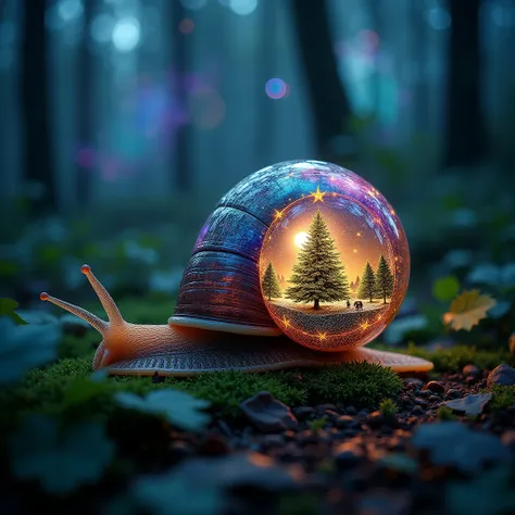 ((Extreme closeup photo of a snail on the forest floor with a shell rendered as an ornate Christmas tree ornament)), ((transparent shell displays a Christmas tree on a snowy night within)), ((leaves, trees, and forest vegetation surround the snail)), ((mai...