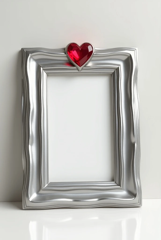 A frame with a silver double frame and a small red jewel heart embedded at the top