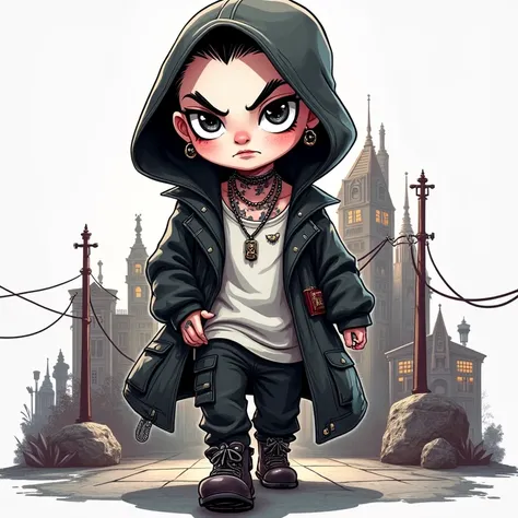 Create an image from a punk cartoon of a boy walking down the street pichada gothic style because the 3D design is a type of cyberpunk illustration more in tattooed caricature and white perfect face and all in 3D High quality 8K
With a long sleeve black co...