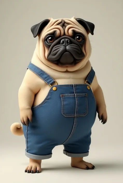 Realistic pug 　Chubby　 wearing overalls　 standing on 2 legs 