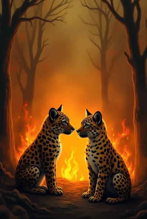  A forest on fire and two jaguars painted puppies talking looking at the forest.  One of them will be saying  "Agriculture is fire , nor?"