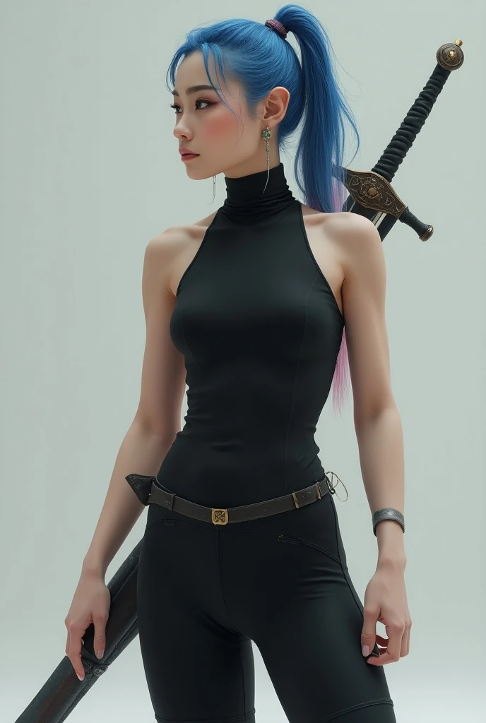 (photorealism:1.2), beautiful elf woman with blue fading to pink hair.Thick eyebrows .She has an asian facial features.She is wearing a sleeve less black turtle neck and black cycling shorts.She has high cut equestrian boots.She has a sword at her back.her...