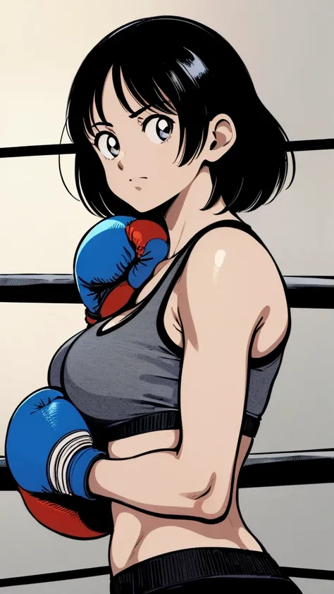 (((full body shot、female professional boxer、in the ring、       boxing gloves       、slender body、 short hair、big breasts、sports ...