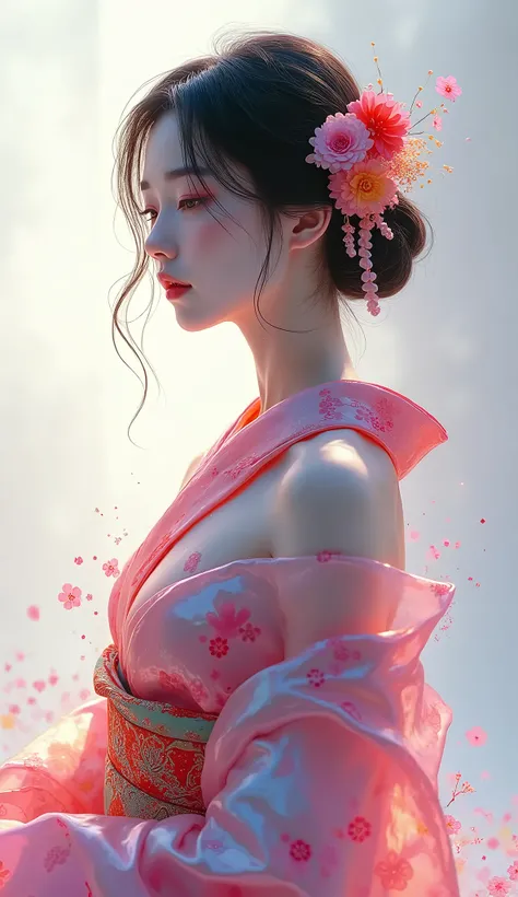  Beautiful Milky Glass Body、Cute and beautiful Japanese womans design 、Colorful light from the atmosphere converges on a woman and converges into the shape of a kimono、Colourful paint fluttering while waiting、White background