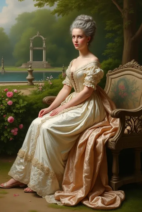 Robert Finale style, XVIIIth century French lady sitting on a bench in a park, spring, oil painting