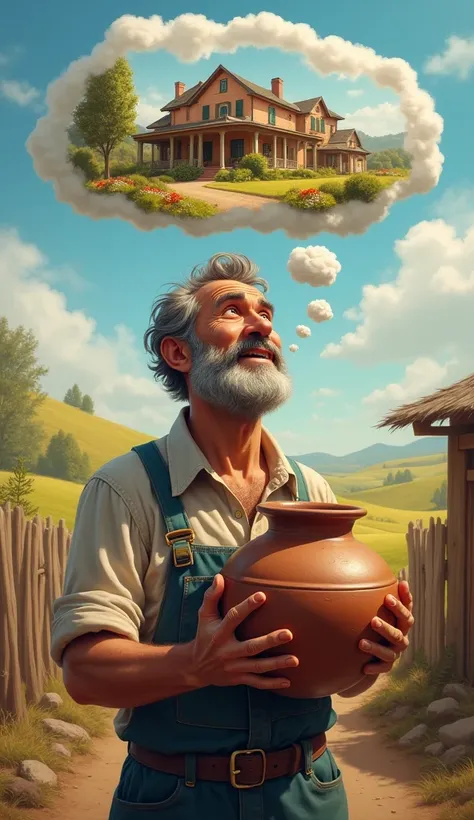 The farmer is holding the pot, gazing at it thoughtfully, perhaps with a hint of amazement or joy. A dream-like thought bubble could show a future with a big house, fine clothes, and wealth.