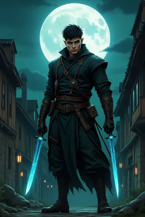 Gender:  Male

Dark Race :  Forest Elf

Age :  Middle Ages

:  Short black hair

Eyes :  Verdes

Tez :  Clara

Armor :  Lightweight leather

Clothing : 

Armas :  Kunais with bluish sheen

Background : Medieval town, night,  with a full moon

Style :  1990...