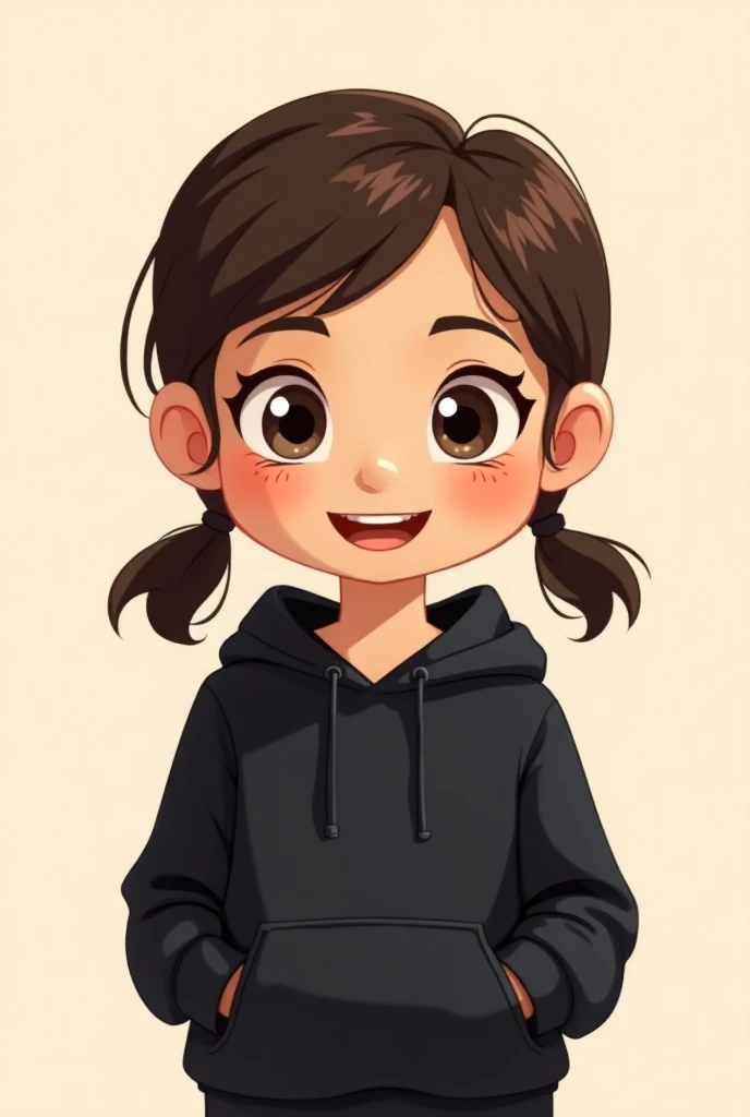 Uma menina com sweatshirt preta,  smiling cartoon style
