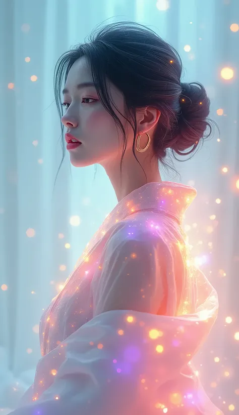  Beautiful Milky Glass Body、Cute and beautiful Japanese womans design 、Colorful light from the atmosphere converges on women and converges into the shape of kimonos and hair、Colourful paint fluttering while waiting、White background