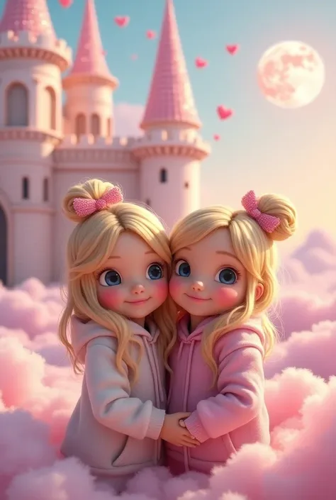 The two girls are stuck together　Long Hair　blonde　Disney　Pixar　 hairstyle is a bun 　 hoodie　heart　Sparkling　Supermoon　pink　Fluffy clouds 　Cake castle　