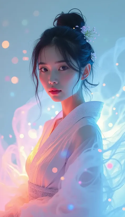  Beautiful Milky Glass Body、Cute and beautiful Japanese womans design 、Colorful light from the atmosphere converges on women and converges into the shape of kimonos and hair、Colourful paint fluttering while waiting、 watch the viewer 、White background