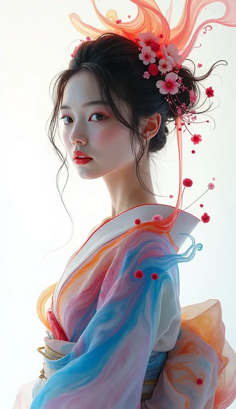  Beautiful Milky Glass Body、Cute and beautiful Japanese womans design 、The colorful paint from the atmosphere converges on women and converges into the shape of kimonos and hair、Colourful paint fluttering while waiting、 watch the viewer 、White background