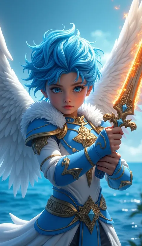 masterpiece, boy s, best quality, realistic, ultra detailed, sexy, homoerotic, dungeons and dragons, character design, baby-faced chinito filipino, stylish blue hair, white angel wings, blue ocean celestial heavy armor, dramatic heroic pose with flaming sw...