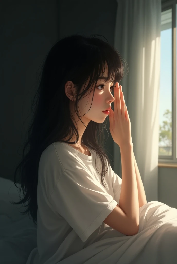 ((best quality)), ((masterpiece)), (detailed), 1girl, Japanese girl、prettygirl、
Dark bedroom、 a strip of morning sun shining through the window curtain 、 The womans face is in contrast when exposed to sunlight、Messy long hair、White T-shirt、Get out of bed、F...