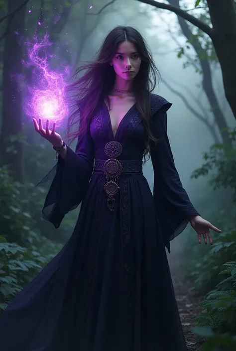 a floating witch  ,in the magic forest ,  holding a glowing violet fireball,  conceptual art by Adam Marczyński , Fantasy Art,, Sorceress, Sorceress woman , female witch , a beautiful witch, portrait of witch , beautiful witch ,Dark Fantasy, female witch  ...