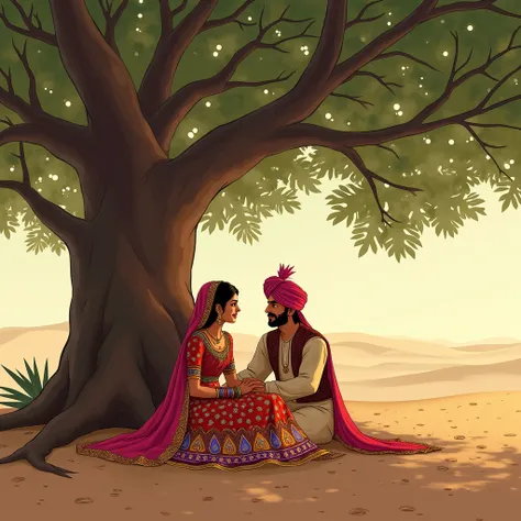 A very clear ultra HD image "Roopa and Mohan sitting under a large banyan tree, dressed in their traditional Rajasthani outfits. Roopa, wearing a vibrant ghagra-choli, looks shy as she gazes down, while Mohan, with his turban slightly loose, smiles at her....