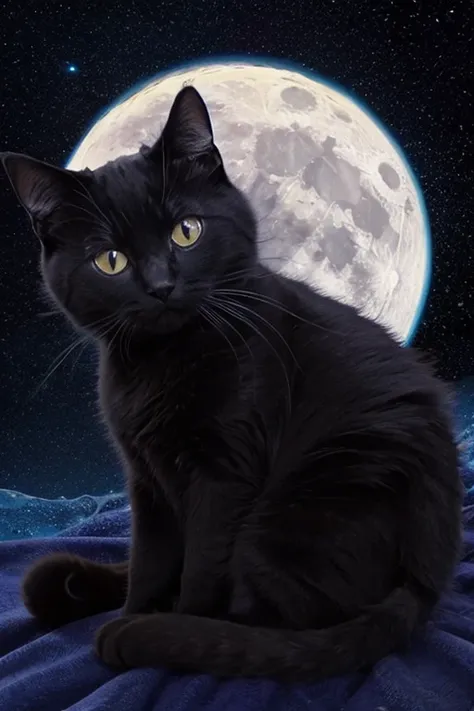 Black cat curled up and sleeping, On the roof, full moon