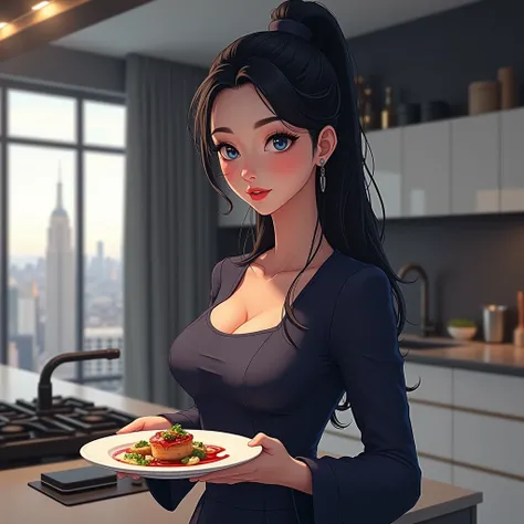 Realistic illustration, A young woman with European features,  long black hair tied in a high ribbon , blue eyes, pink lips, blushing cheeks, wearing a cute navy dress with long sleeves , showing a plate of gourmet food in a modern kitchen of a large penth...