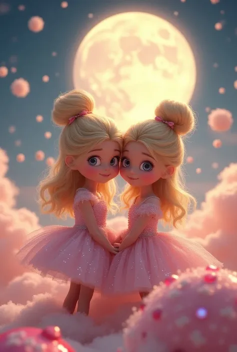 The two girls are stuck together　Long Hair　blonde　Disney　Pixar　 hairstyle is a bun 　Im wearing a fluffy dress　heart　Sparkling　Supermoon　pink　Fluffy clouds 　cookie
