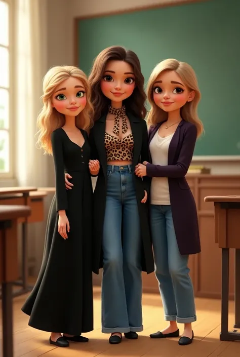 3 femmes etudiantes style pixar dans une salle de classe a la sorbonne, la premiere aux cheveux blonds mi longs, de petite taille habillée en longue robe noire aux manches longues et aux yeux verts, la deuxieme plus grande avec de belles formes aux hanches...