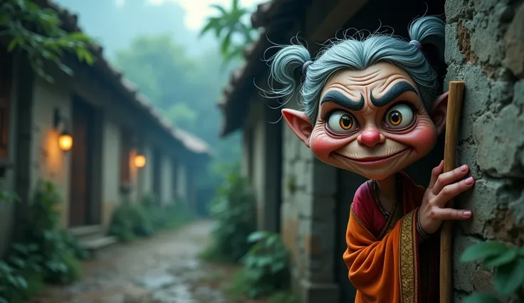 Cartoon old and mischievous scary witch holding a broom  is looking upon   a  Cartoon  features big eyes,tied up hairs with pony tails  wearing indian saree attire seeking from distant from behind the wall in a village