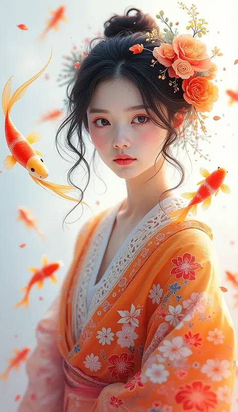  Beautiful Milky Glass Body、Cute and beautiful Japanese womans design 、The colorful paint from the atmosphere converges on women and converges into the shape of kimonos and hair、Colorful paint in the shape of a Nishikigoi swimming in the air、 watch the vie...