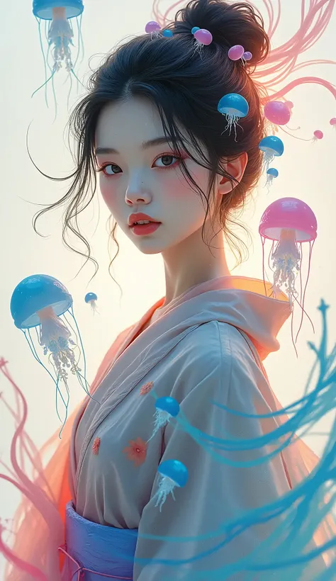  Beautiful Milky Glass Body、Cute and beautiful Japanese womans design 、The colorful paint from the atmosphere converges on women and converges into the shape of kimonos and hair、Colorful paint in the shape of a jellyfish swimming in the atmosphere 、 watch ...