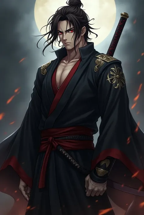 anime character, negro, 1,90, swordsman&#39;s outfit, dark brown hair, dark red eyes, A serious expression and man 