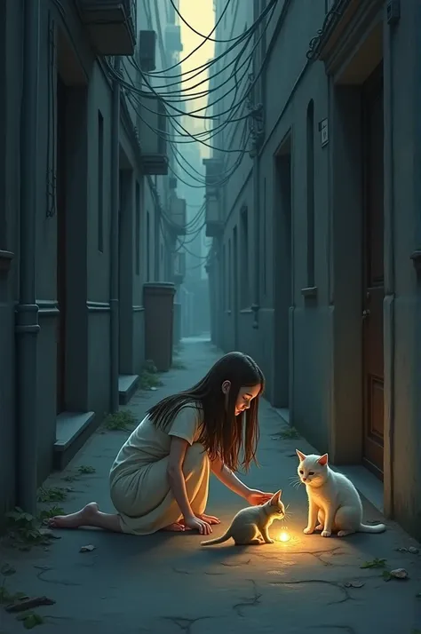 A narrow alleyway in the evening with soft, fading light. Two small, injured cats are lying on the ground, looking weak and helpless. Zara, a young girl with long hair, is wearing a simple dress and holding a shawl. She looks concerned as she gently bends ...