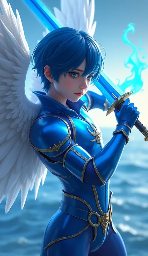 masterpiece, boy s, best quality, realistic, ultra detailed, sexy, homoerotic, dungeons and dragons, character design, baby-faced chinito filipino, stylish blue hair, white angel wings, blue ocean celestial heavy armor, dramatic heroic pose with flaming bl...