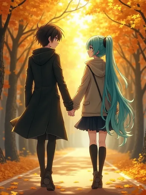 Egor( has brown eyes and black hair) and Hatsune Miku (she has aqua eyes and hair ) , holding hands,  walk along the parks ,  alley covered with golden leaves .  Sunlight shines through tree branches,  painting their faces in warm light . Мику с обожанием ...