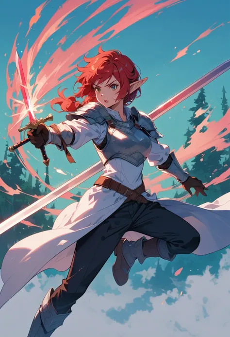  sword ,  red short hair,  force  power,  ,   teenage  female, full body.  , fantasy swords, elf ,fantasy elf  armor 