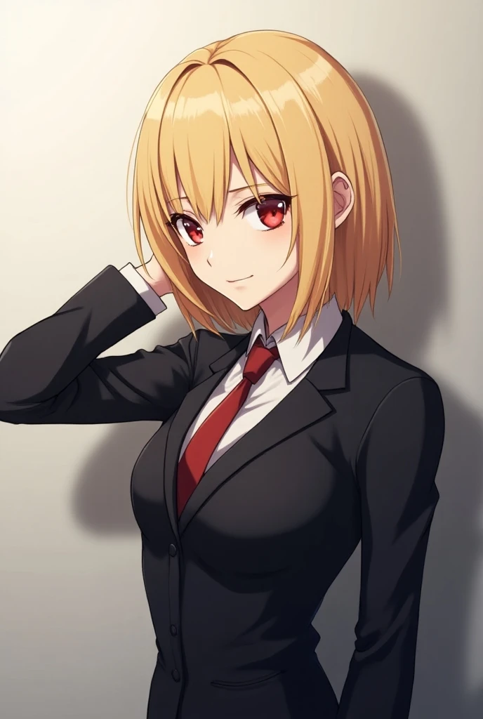 An anime girl with blonde shoulder length wolfcut, having droopy red eyes, wearing a suit and having a propped up elbow with a smug expression.