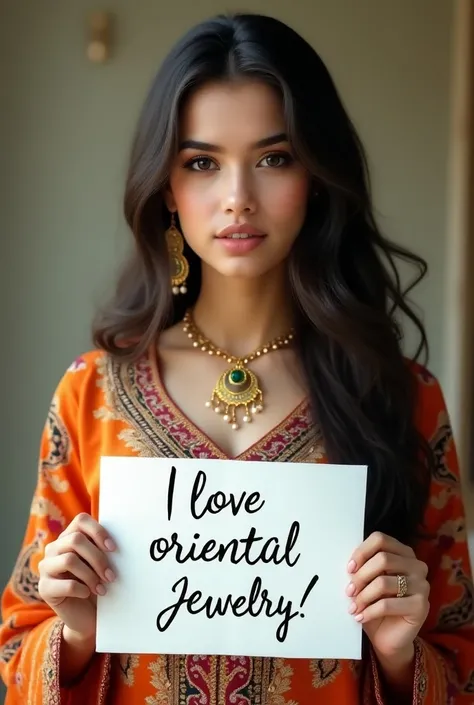  A beautiful muslim girl with long wavy hair, Wearing an Arabian dress , holding a white sign with the text " I love oriental-jewelry .WITH" and showing it to the viewer.