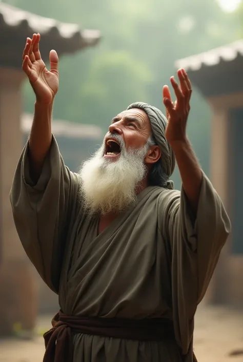 An old Muslim man with a white beard and hat, raised his hands to the sky while crying